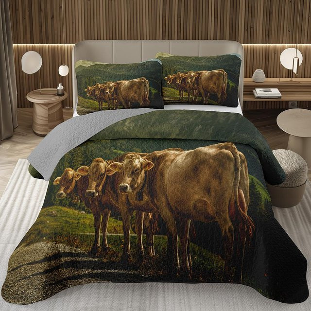 JMG Household Supplies Tagesdecke Hochlandkuh mit Motiv Bauernhoftier Stier Rind, Wendbarer Überwurf im Rustikalen Landhausstil, Mehrfarbig, B/T: 200 x 200 cm - Bild 1