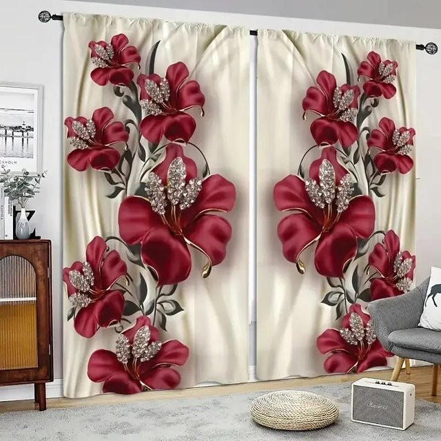 Yiran Furniture Luxus Vorhänge mit Blumenmuster, 2er-Set, semi-transparent, Multicolor, B: 60 cm, H: 150 cm - Bild 1