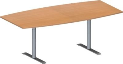 Schäfer Shop Genius Konferenztisch MODENA FLEX in Boot-Form mit T-Fuß Rundrohr, Farbe Buche/weißaluminium RAL 9006, Breite: 200 cm, Höhe: 65-85 cm - Bild 1