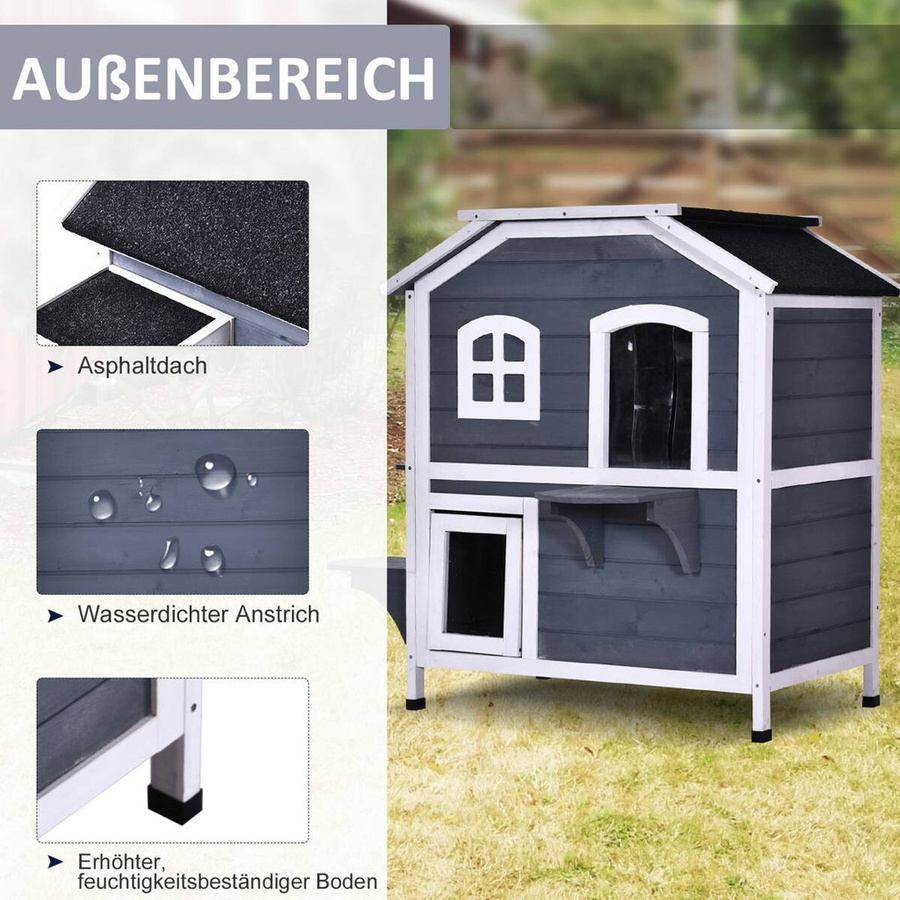 PawHut Katzenhaus aus grau lackiertem Tannenholz mit 2 Etagen und wetterfestem Dach, B/T/H: 78 x 55,5 x 91 cm - Bild 5