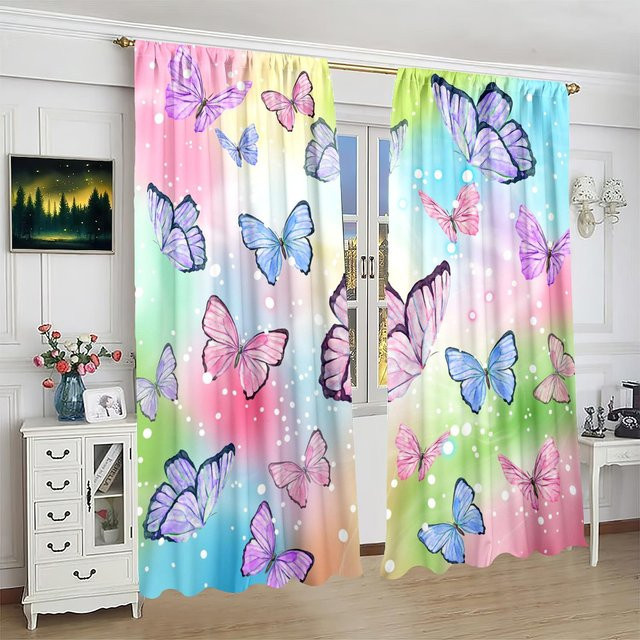 2er-Set Schmetterling Vorhang aus Polyester in Weiß und Multicolour für Schlafzimmer und Wohnzimmer, semi-transparent, Breite: 76,2 cm, Höhe: 165,1 cm - Bild 1