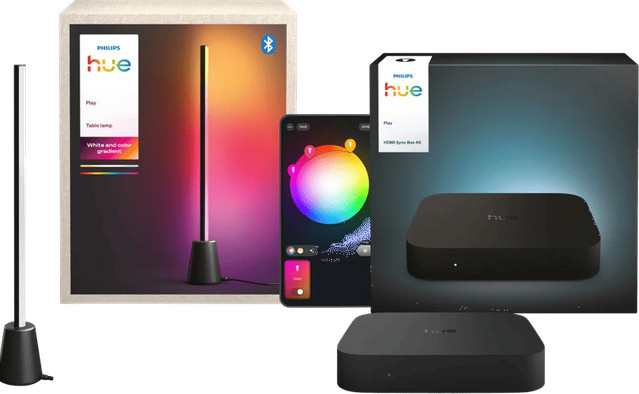 Philips Hue Play Stehleuchte mit HDMI Sync Box 4K, LED-Farbeffekt in Multicolour, Schwarz - Bild 1