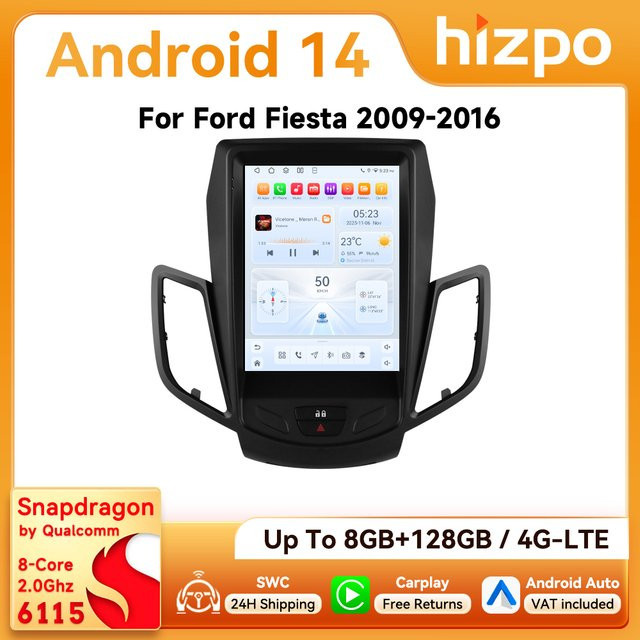 Hizpo 9,7 Zoll Autoradio für Ford Fiesta 2009 - 2016 mit Tesla-Style Bildschirm, CarPlay, Android Auto, 4G, Bluetooth, GPS und Navigation in Schwarz - Bild 1