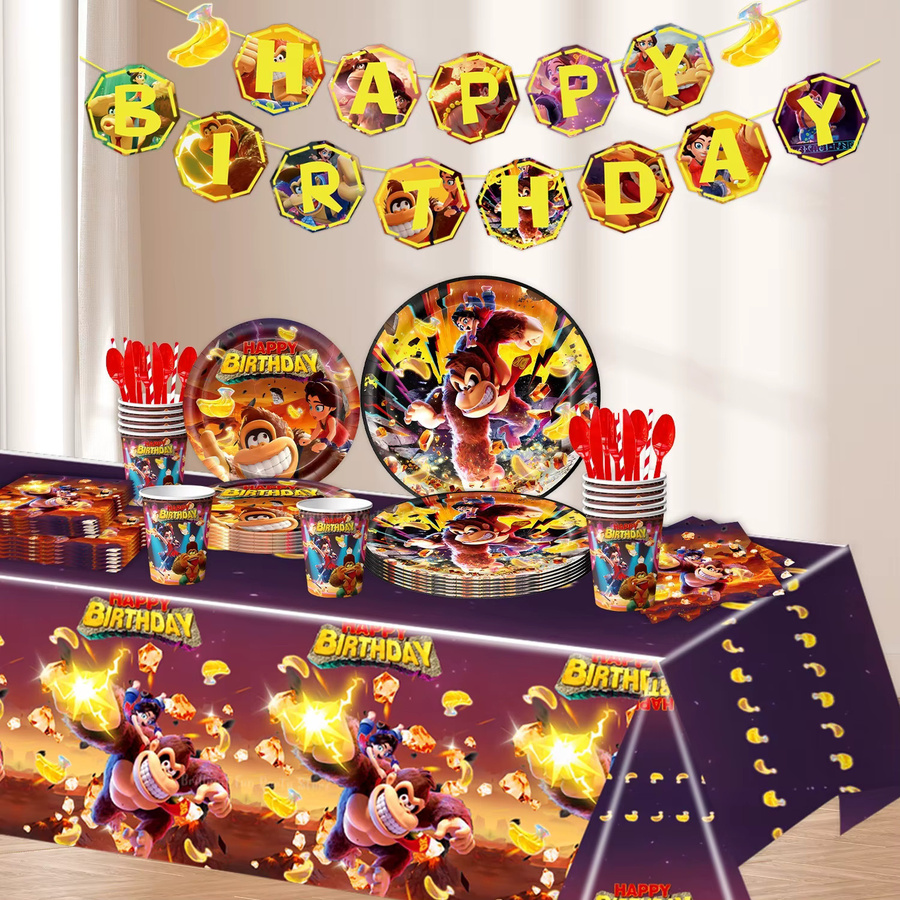 Potdemiel Donkey Kong Geburtstagsdekoration Set mit Ballons, Bechern, Tellern, Servietten und Tischdecke in Multicolour - Bild 6