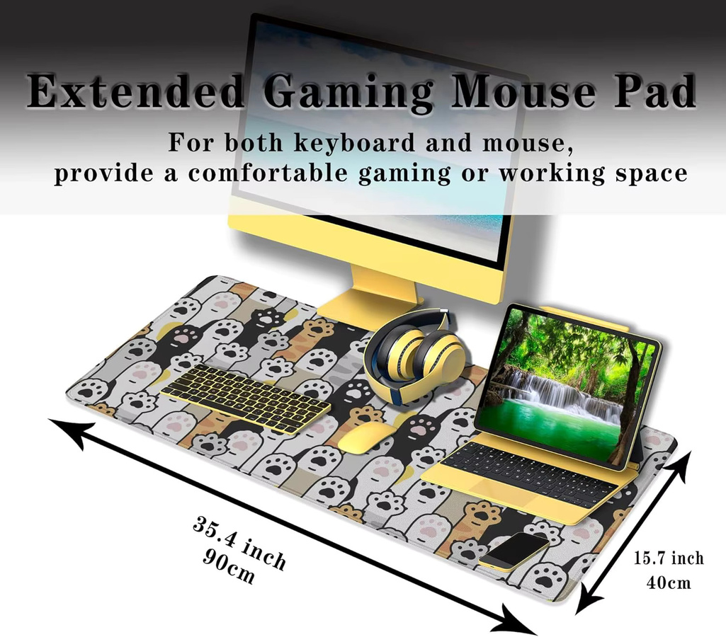 Niedrige Katzenpfoten-Schreibtischunterlage Multicolor – XXL wasserdichtes Gaming-Mauspad mit genähten Kanten und rutschfester Basis für Büro und Zuhause - Bild 3