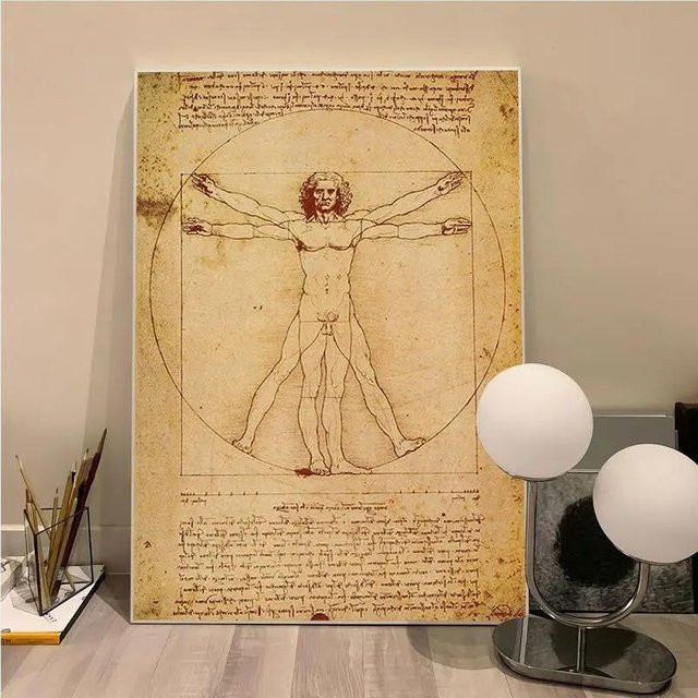 Leonardo Da Vinci Vitruvianischer Mann Vintage Poster als Leinwand Wanddeko, B: 70 cm, H: 120 cm, ungerahmt - Bild 1