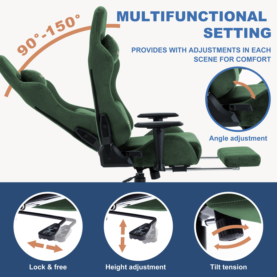 ANDYOU Gaming Chair in Grün mit Fußstütze, atmungsaktive Stoffbespannung, höhenverstellbar und drehbar mit Kopfstütze und Armlehnen - Bild 2