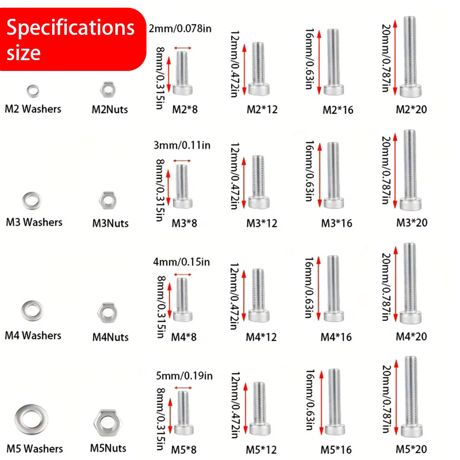 480-teiliges Edelstahl-Set mit Sechskantmuttern, Bolzen, Unterlegscheiben und Becherkopfschrauben in Silber, Größen M3, M4, M5, M6 - Bild 3