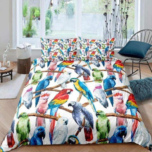 Bettwäsche Set Papagei Königin mit Bettdeckenbezug und Kissenbezug, Buntes Feder-Design mit Regenbogen und Naturmotiv, Farbe: Mehrfarbig, B/H: 135 x 200 cm - Bild 1
