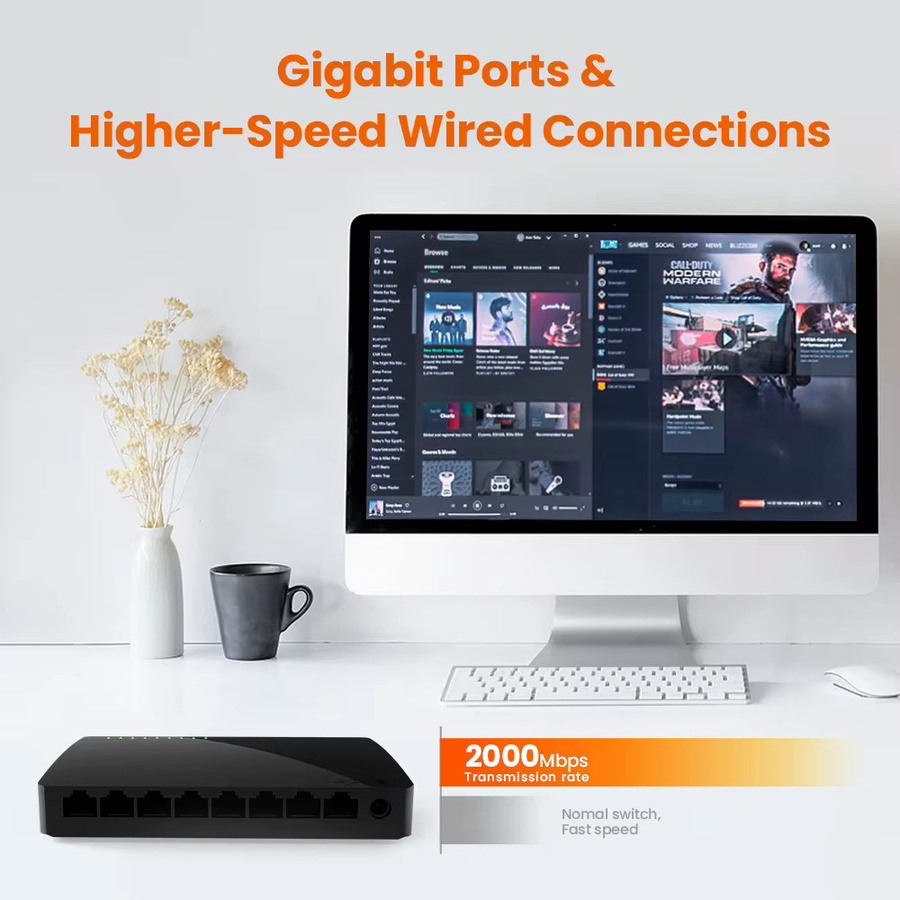 Tenda Gigabit Ethernet Netzwerk-Switch mit 5 oder 8 RJ45 Ports, 1000 Mbps, Schwarz - Bild 4
