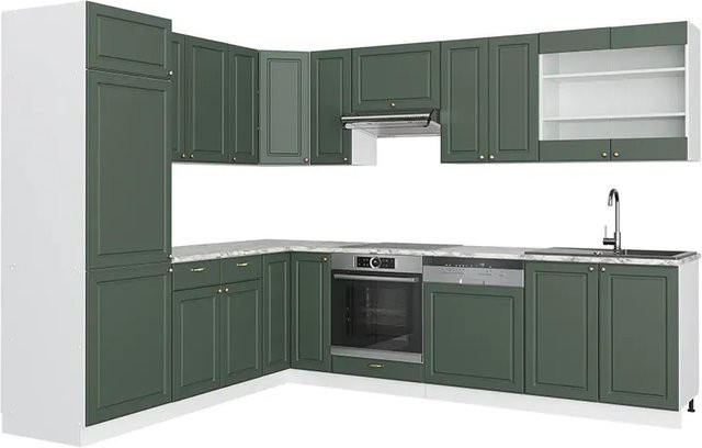 Vicco Fame-Line Eckküche im Landhausstil in Grün-Gold-Weiß mit Marmor-Optik, B/T/H: 227 x 287 x 82 cm - Bild 1