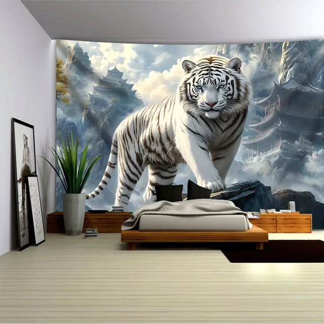VIKAMA Wandteppich mit weißem Tiger im chinesischen Tuschelandschafts-Stil für dein Wohnzimmer oder Schlafzimmer - Bild 1