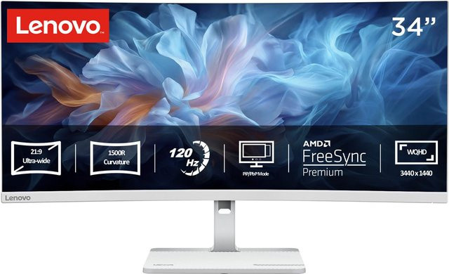 Lenovo Monitor L34W-4C, 34 Zoll Curved WQHD, Cloud Grey, 120 Hz, 1 ms, VA-Panel, HDR10, HDMI, DisplayPort - Bild 1