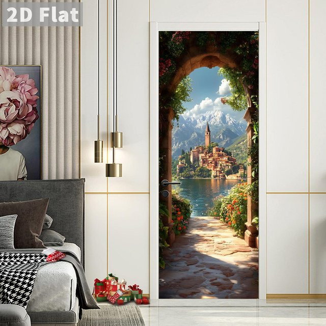 Selbstklebender Türsticker Sticker House Landschaftstapete Wandbild in White, B: 77 cm, H: 200 cm - Bild 1