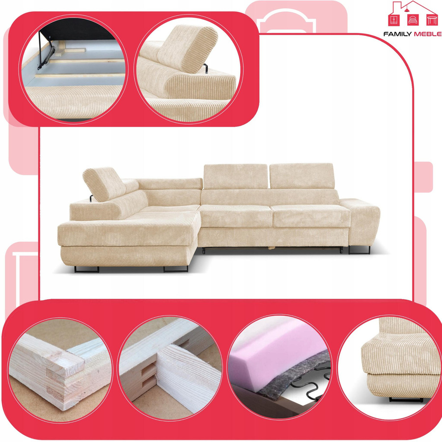 Ausklappbares Ecksofa Savio von Family Möbel mit Schlaffunktion in Beige Cord, linke Seite - Bild 2