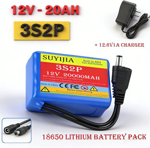 SUYIJIA 12V Lithium-Ionen-Akku mit BMS und Ladegerät, 18650 Akku-Set in Blau, DC 12,6V - Bild 1