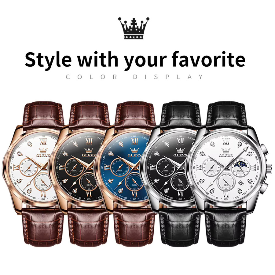 OLEVS Armbanduhr Chronograph, Quarz, Leder, Blau, Herren - Bild 4