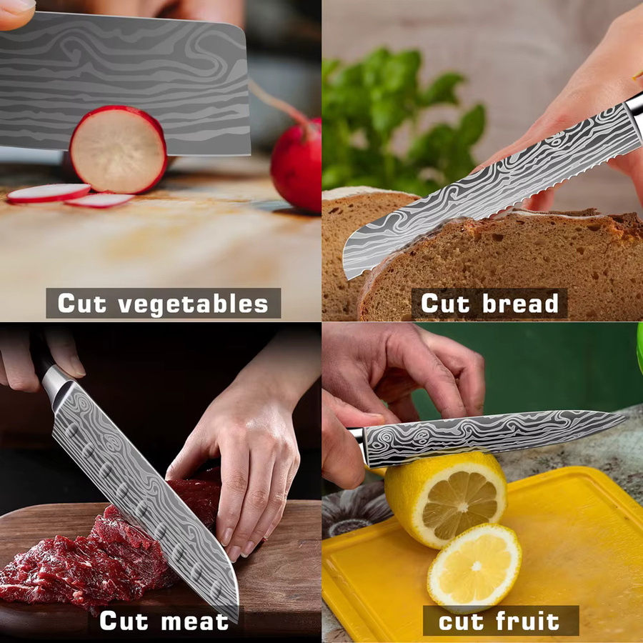 ZENG Küchenmesser-Set mit Lasermuster und ergonomischem Holzgriff in Schwarz, inklusive Santoku-Schneidemesser und Kochmesser - Bild 4