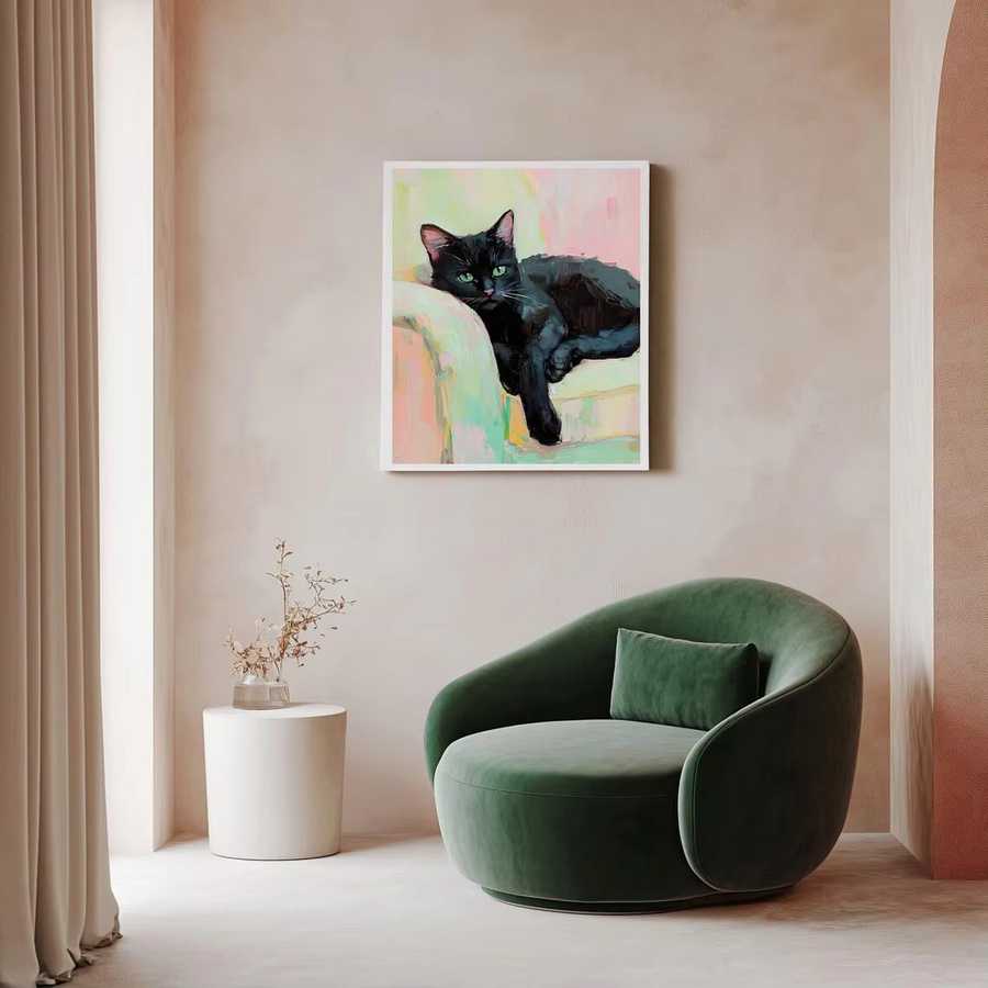 Impressionistischer Wanddruck von SHENCHEN mit schwarzer Katze und grünen Augen als strukturiertes Ölgemälde auf Papierposter in Schwarz und Multicolour - Bild 2
