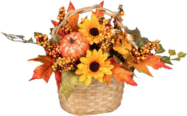 LED-Blumenarrangement Herbstkorb von Viva Domo in Braun, Orange und Rot mit Rattan-Elementen - Bild 1