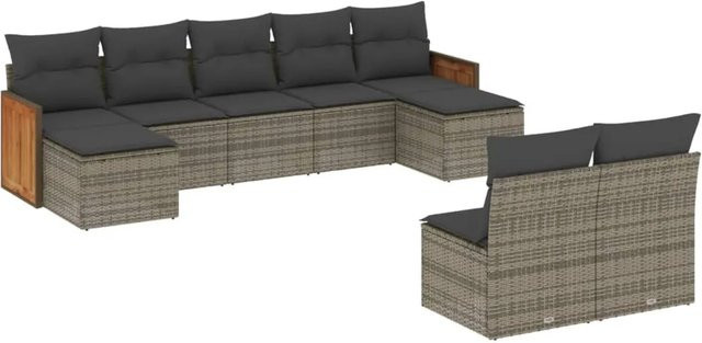 vidaXL 9-tlg. Garten-Sofagarnitur in U-Form aus Poly-Rattan und Akazienholz in Grau mit Kissen - Bild 1