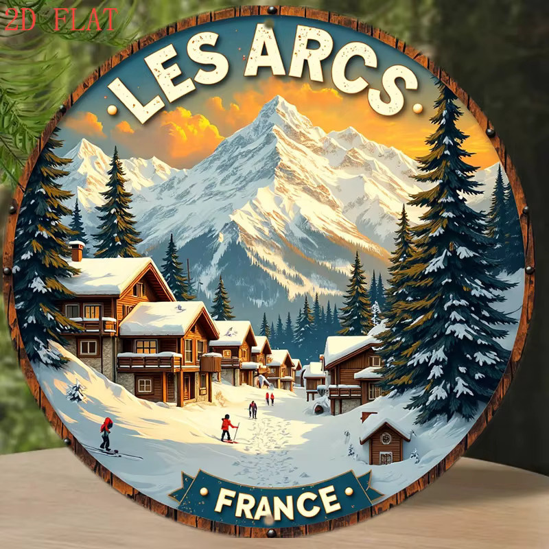 Potdemiel Metallwandkunst Les Arcs Ski Resort Frankreich Rundschild Winterszene mit Berghütten und Skiliften, Durchmesser: 20,32 cm, Mehrfarbig - Bild 4