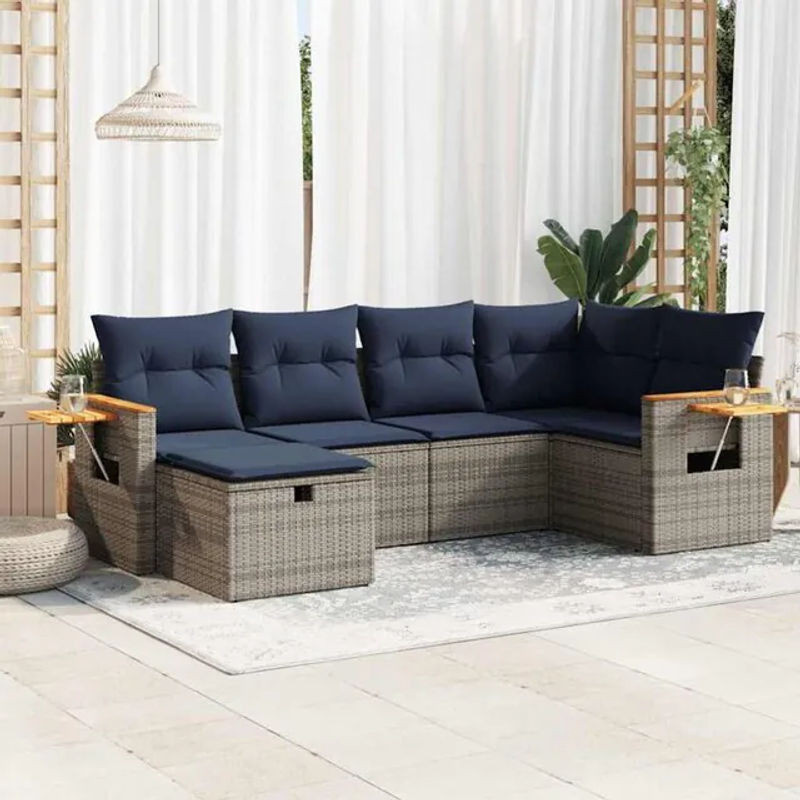6-tlg. Garten-Sofagarnitur mit Kissen aus Polyrattan und Stahl in Grau und Blau von Vidaxl - Bild 1