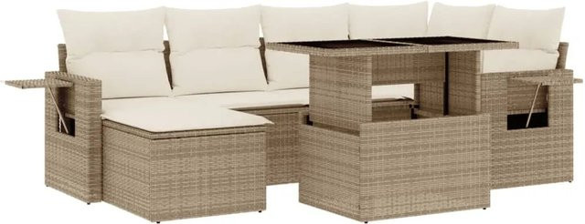 vidaXL 7-tlg. Garten-Sofagarnitur in L-Form aus Poly-Rattan und pulverbeschichtetem Stahl mit Kissen in Beige-Creme - Bild 1