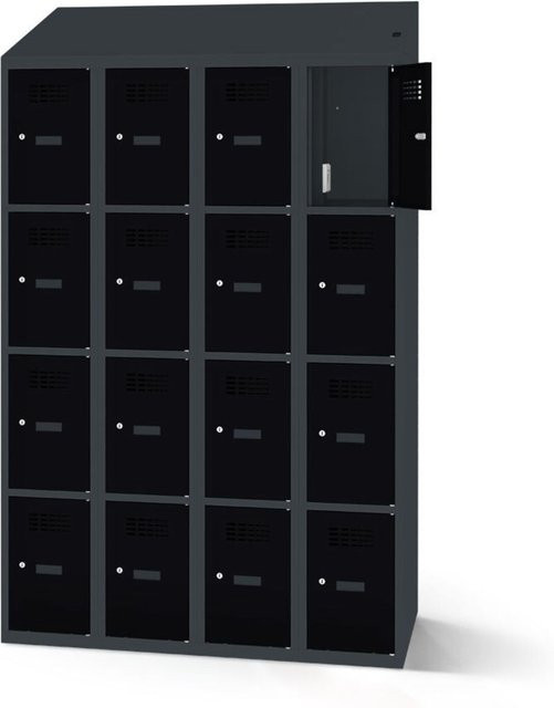 rotstahl Fächerschrank mit Ladefunktion und 16 Fächern in Schwarz und Anthrazitgrau, B: 120 cm, H: 200 cm - Bild 1