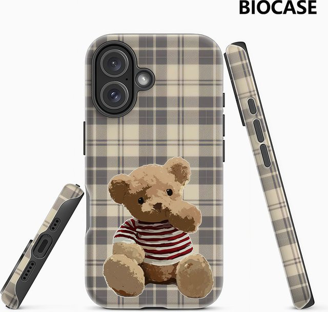Karierte Teddybär-Handyhülle für iPhone in Multicolour mit doppellagiger Rückseite - Bild 1