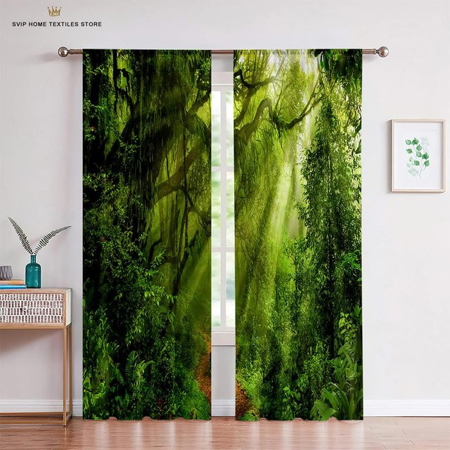 Yiran Furniture Waldlaub Sonnenstrahlen Tüllvorhänge, transparente Voile-Vorhänge mit Grafikdesign, grün, 2er-Set, Breite: 50 cm, Höhe: 130 cm - Bild 1