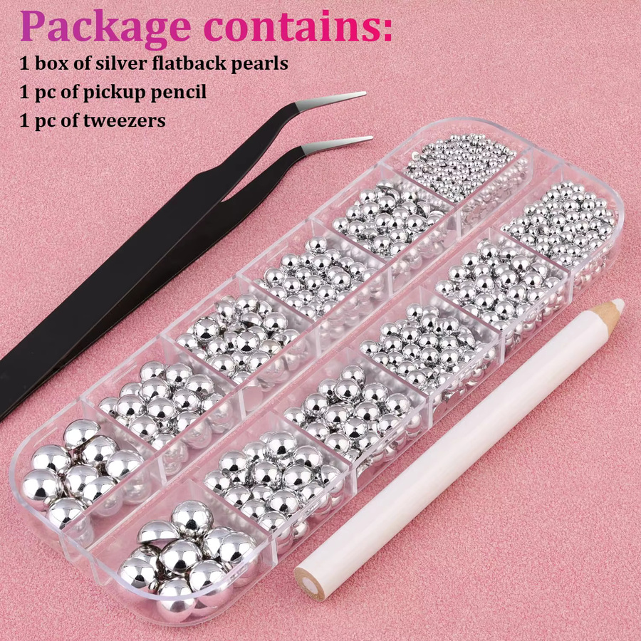 HotPress Nagel Charms, Silber, 2-8mm, 12 Grids, mit 2 Werkzeugen - Bild 2