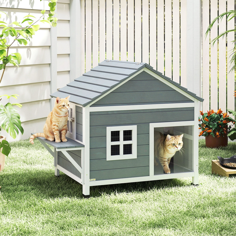 PawHut Katzenhaus aus Holz in Grau mit 2 Etagen, wetterfestes Katzenhaus für draußen mit aufklappbarem Dach, erhöhter Basis und Plattform, B/T/H: 101 x 72,5 x 81 cm - Bild 2