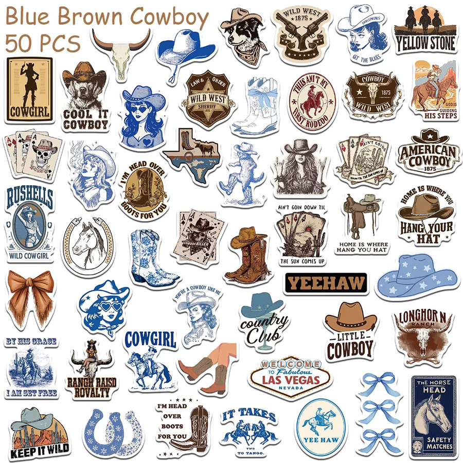 50 Stück Cowboy-Aufkleber in Blau und Braun, wasserfeste ästhetische Sticker für Laptop, Skateboard und DIY-Projekte - Bild 4