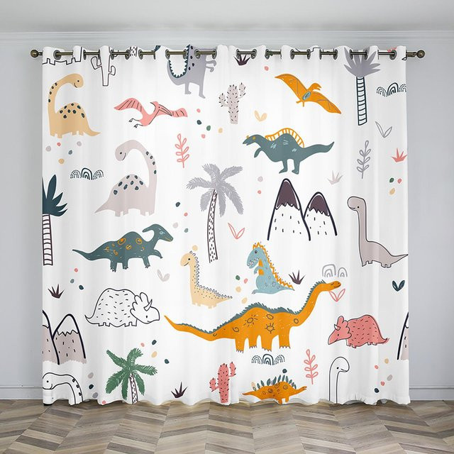 Yiran Furniture Dinosaur Kindergardinen Set aus Polyester, 2 Stück, Weiß, B: 100 cm, H: 130 cm - Bild 1