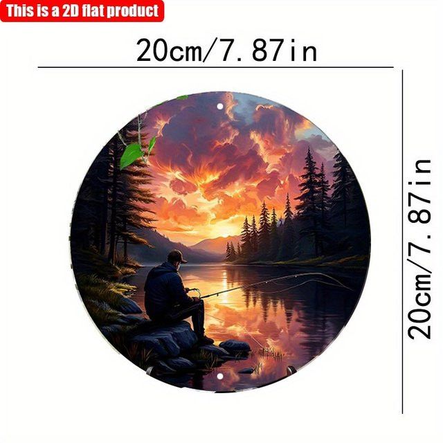 Vintage Wandkunst aus Holz mit Fischer-Landschaft und Sonnenuntergang am See, kreisförmige Hängedekoration, B/H: 20 x 20 cm - Bild 1