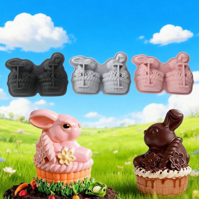 Meibum 2-fach Silikonform für Oster-Gebäck mit Blumenkorb und Hase - Bild 1