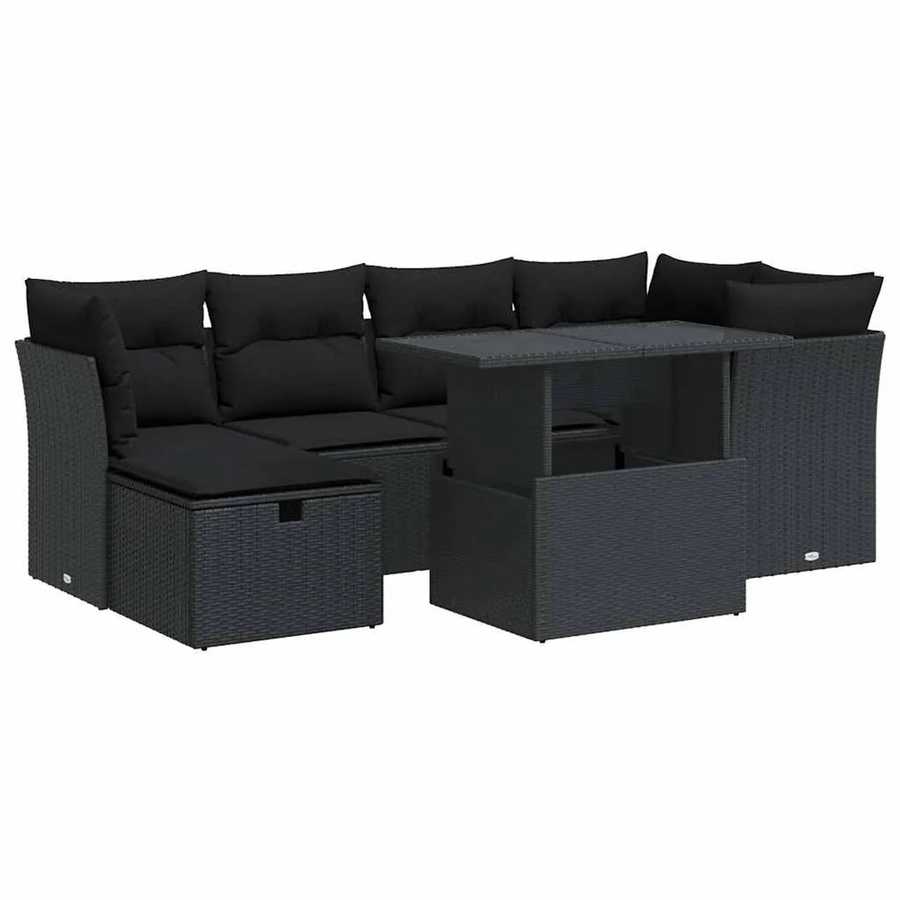 vidaXL 7-teilige Garten-Sofagarnitur in U-Form aus Polyrattan mit Kissen in Schwarz - Bild 2