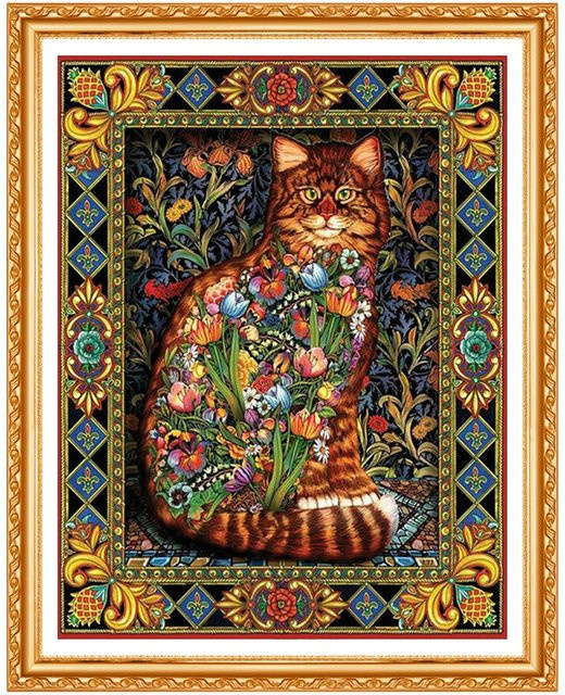 FIYO DIY Diamantmalerei mit Blumen und Katze, 5D Kreuzstich Set mit runden Steinen, Mehrfarbig, Breite: 20 cm, Höhe: 30 cm - Bild 1
