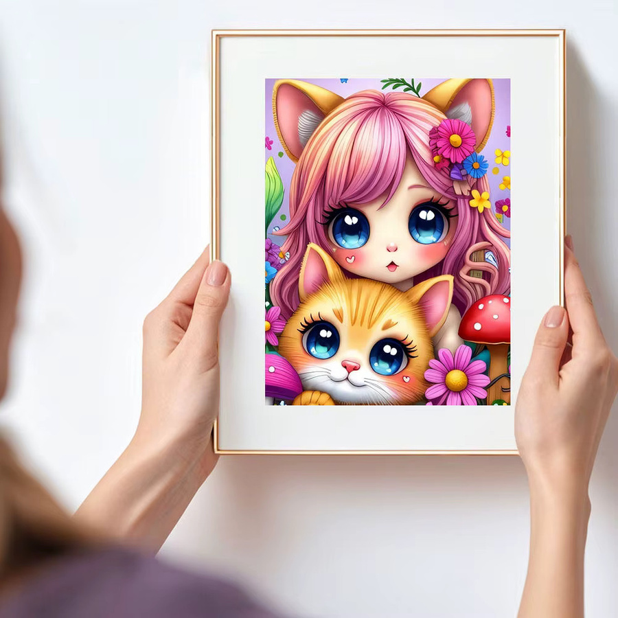 HUACAN Diamantmalerei Set mit niedlicher Katze und Blumen, 5D DIY Kunst Mosaik mit bunten Strasssteinen, B/H: 20 x 30 cm - Bild 3