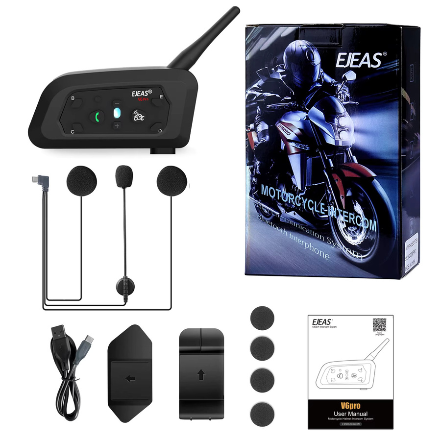 EJEAS V6 PRO+ Bluetooth-Headset für Motorradhelme, wasserdichte Gegensprechanlage mit 800 m Reichweite, Vollduplex-Kommunikator für 6 Fahrer, Schwarz - Bild 5
