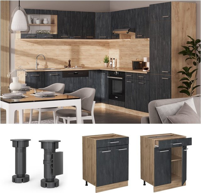 Vicco Küchenunterschrank R-Line Schubladenschrank in Schwarz Beton und Eiche mit Arbeitsplatte, Breite: 60 cm - Bild 1