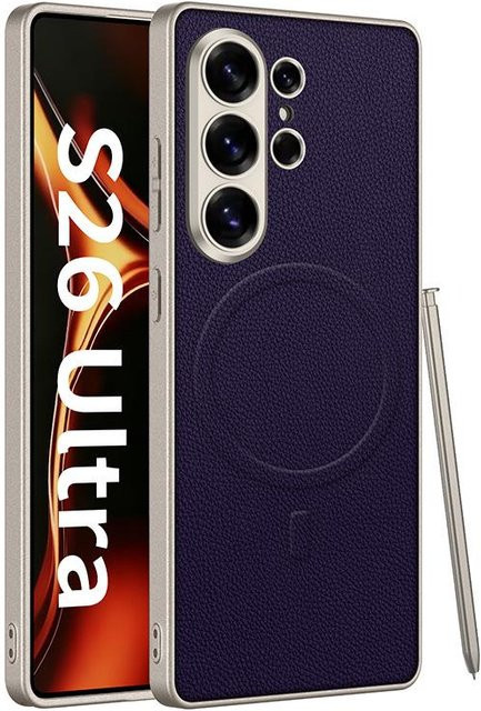 Samsung S26 Ultra Leder Handyhülle mit Metall-Lackdesign in Purple und MagSafe-Kompatibilität - Bild 1