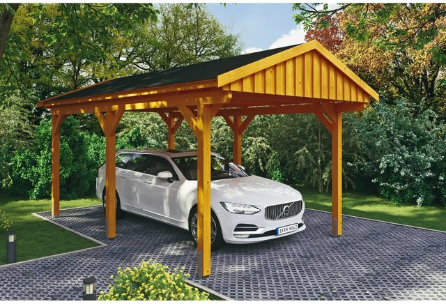 Skan Holz Carport Fichtelberg aus Fichte und Leimholz in Eiche Hell mit schwarzen Dachschindeln, Breite: 317 cm, Höhe: 303 cm - Bild 1