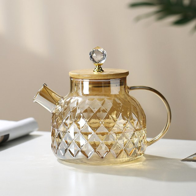 YWDL Glas-Teekessel mit Bambusdeckel und abnehmbarem Filter, Champagner-Teekanne für losen Tee, transparent/gold, 1,8 l - Bild 1