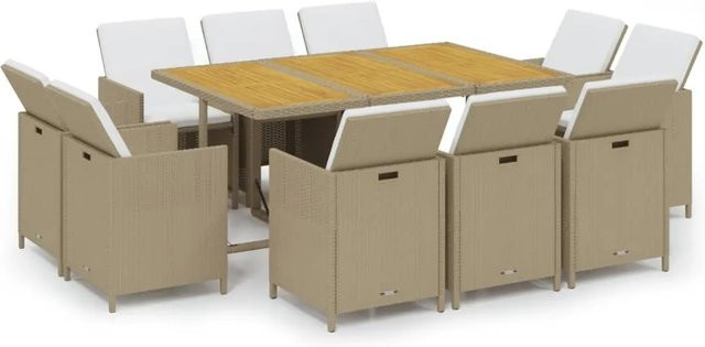 vidaXL 11-teilige Garten-Essgruppe aus Poly Rattan mit Kissen in Beige - Bild 1