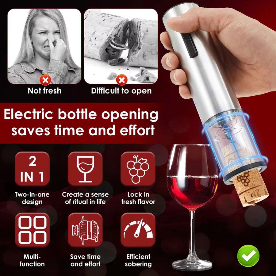 Venlohome 4-in-1 Elektrisches Weinöffner-Set in Weiß und Silber aus Edelstahl mit Folienschneider, Ausgießer, Vakuumstopfen und Aufbewahrungsbasis - Bild 2