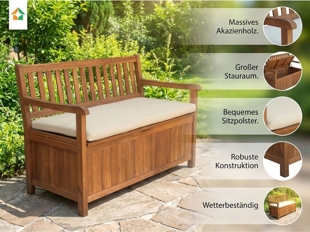Prestige Home Sitzbank mit Stauraum aus massivem Akazienholz in Braun, B/T/H: 119,5 x 63 x 84 cm - Bild 1