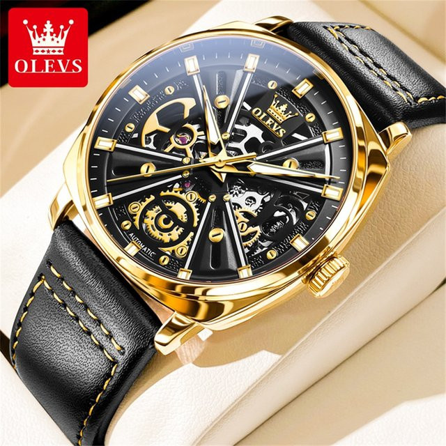 OLEVS Armbanduhr, Automatik, Leder, Schwarz, Gold, Bicolor, Herren - Bild 1