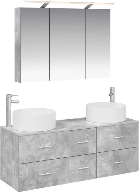 vidaXL Badezimmermöbel-Set 4-teilig in Betongrau mit Waschtischunterschrank und Wandunterschrank aus Holz und Glas mit LED-Beleuchtung und Spiegel - Bild 1
